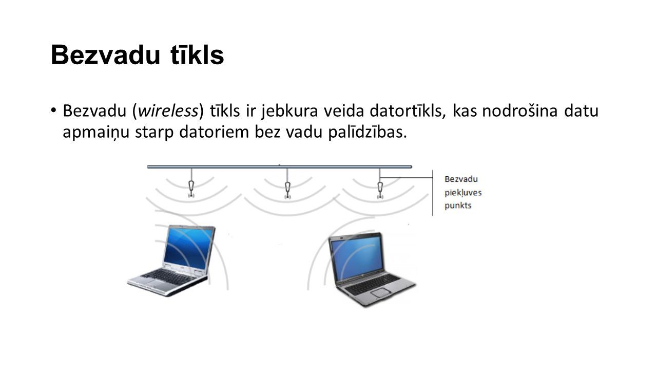 Bezvadu tīkls Bezvadu (wireless) tīkls ir jebkura veida datortīkls, kas nodrošina datu apmaiņu starp datoriem bez vadu palīdzības.